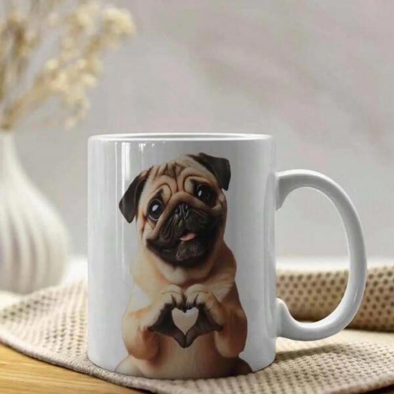 Tailorly White Ceramic 11 oz Mug - Cute Realistic Pug Making Heart Gesture With Front Paws Pug
