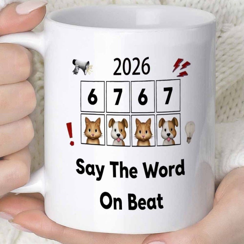 Tailorly White Ceramic 11 oz Mug - Say The Word On Beat Playful Cartoon Puppies Arranged In Structured Numerical Grid Boxes Dog