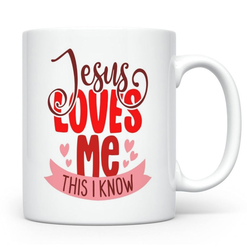 Tailorly White Ceramic 11 oz Mug - Jesus Loves Me This I Know Artistic Hearts And Decorative Banner With Pink Accents In Stylized Script Mug