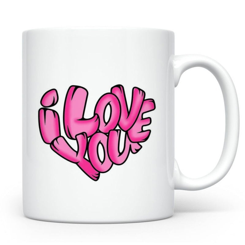 Tailorly White Ceramic 11 oz Mug - I Love You Vibrant Pink Bubble Style Letters Forming A Romantic Heart