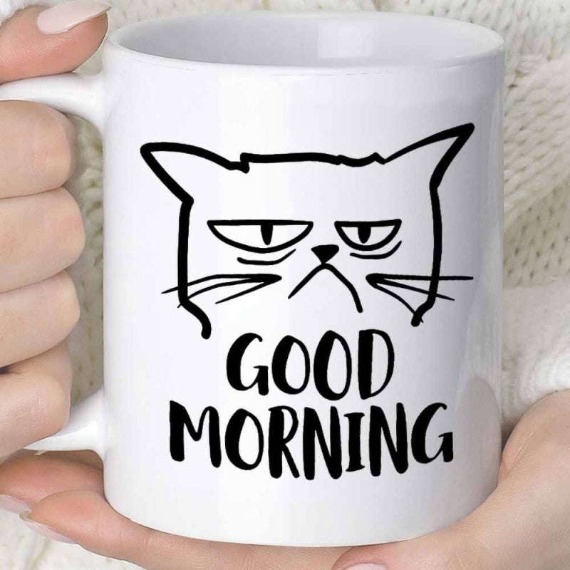Tailorly White Ceramic 11 oz Mug - Good Morning Simple Black Line Art Grumpy Feline Face With Half Closed Eyes Cat