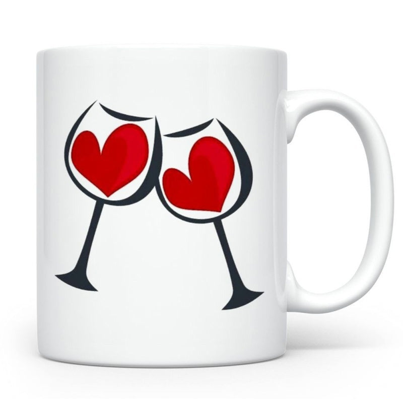 Tailorly White Ceramic 11 oz Mug - Two Stylized Clinking Wine Glasses Filled With Bright Red Hearts Glass