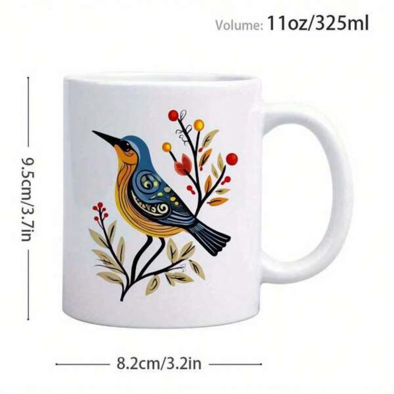 Tailorly White Ceramic 11 oz Mug - Vibrant Folk Art Style Illustration With Colorful Plumage Among Delicate Berry Branches Bird
