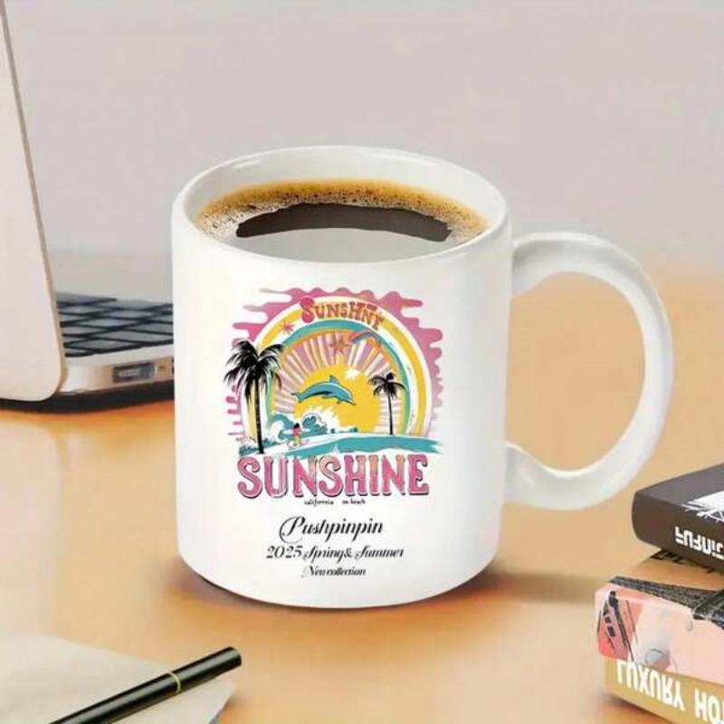 Tailorly White Ceramic 11 oz Mug - Sunshine Tropical Palm Trees Swaying Under A Colorful Retro Rainbow Beach Sunset