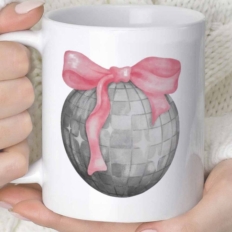 Tailorly White Ceramic 11 oz Mug - Shimmering Silver Tiles Under A Soft Pink Satin Ribbon Bow Disco Ball