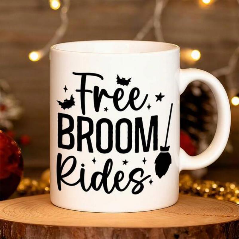 Tailorly White Ceramic 11 oz Mug - Free Broom Rides Spooky Halloween Elements With Flying Bats And Twinkling Stars Broom