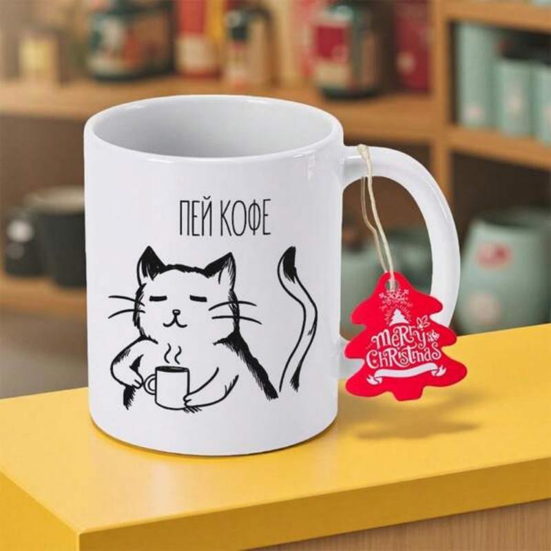 Tailorly White Ceramic 11 oz Mug - Merry Christmas Minimalist Black And White Sketch Of A Relaxed Feline Holding Hot Coffee Cat