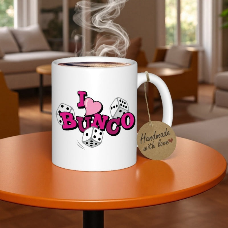 Tailorly White Ceramic 11 oz Mug - I Love Bunco Playful Pink Heart Surrounded By Three White Rolling Game Dice