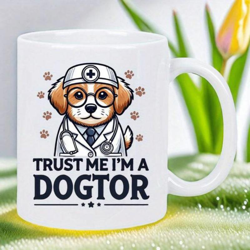 Tailorly White Ceramic 11 oz Mug - Trust Me Im A Dogtor Cute Cartoon Puppy Wearing Medical Uniform Glasses And Stethoscope Paw Prints Dog