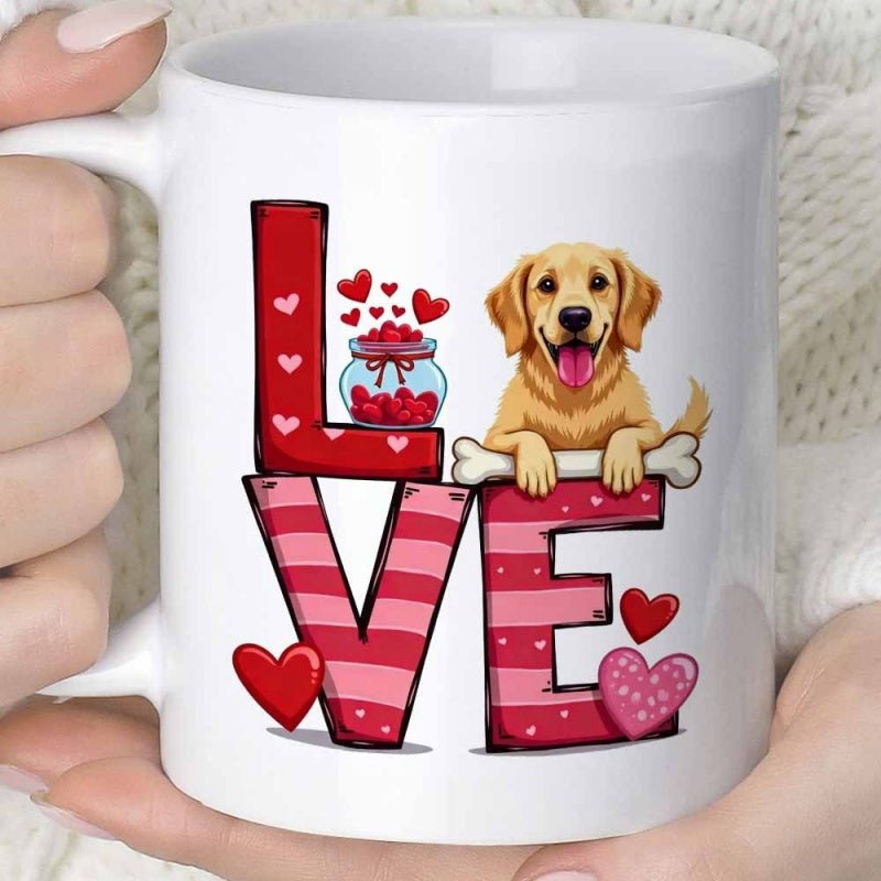 Tailorly White Ceramic 11 oz Mug - Love Adorable Golden Retriever With Hearts And Bone In Artistic Design Dog