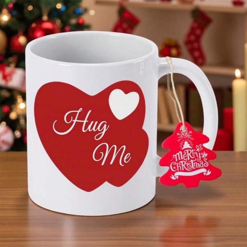 Tailorly White Ceramic 11 oz Mug - Hug Me Large Vibrant Red Romantic Shape Featuring Small White Heart Heart
