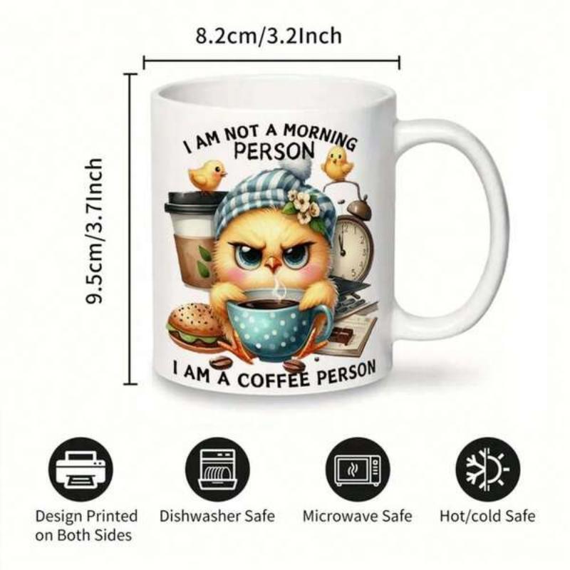 Tailorly White Ceramic 11 oz Mug - I Am Not A Morning Person I Am A Coffee Person Grumpy Little Bird Wearing Plaid Hat Holding Hot Coffee Bird