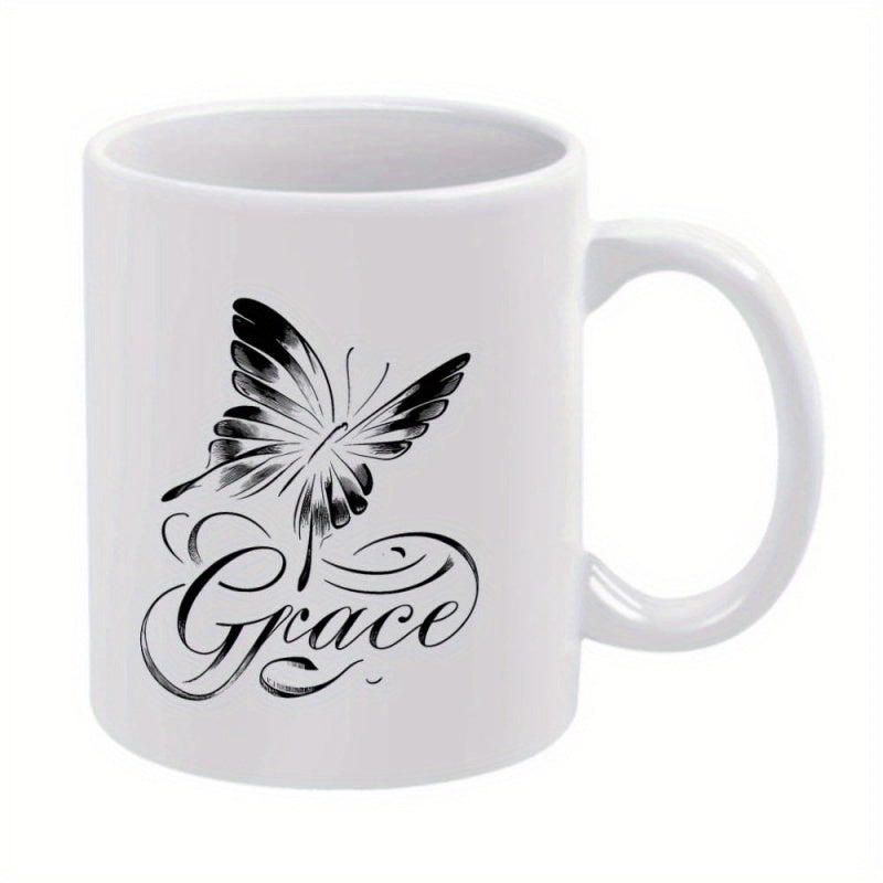 Tailorly White Ceramic 11 oz Mug - Grace Artistic Elegant Monochrome Sketch Of A Flying Intricate Swirling Butterfly