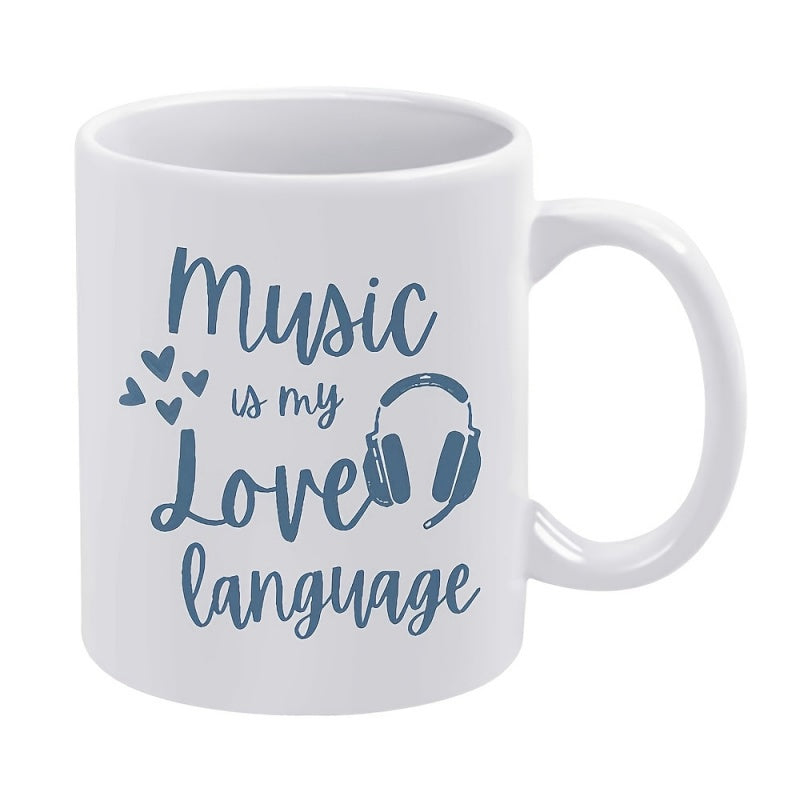 Tailorly White Ceramic 11 oz Mug - Music Is My Love Language Artistic Script With Blue Minimalist Hearts And Modern Headphones Mug