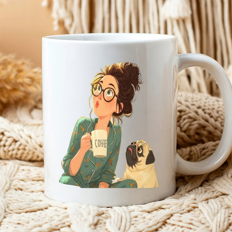 Tailorly White Ceramic 11 oz Mug - Coffee Cartoon Woman In Green Pajamas Beside A Small Pug Girl