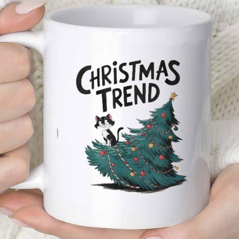Tailorly White Ceramic 11 oz Mug - Christmas Trend Cute Black And White Kitten Resting On A Tilted Decorated Evergreen Cat