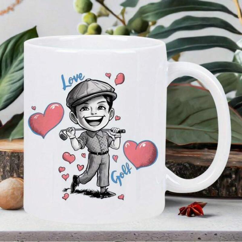 Tailorly White Ceramic 11 oz Mug - Love Golf Cartoon Boy With Vintage Cap Holding Club Surrounded By Pink Hearts Golfer