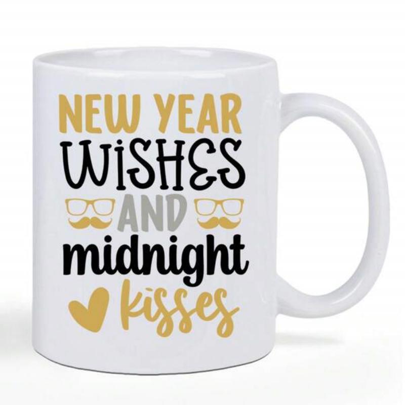 Tailorly White Ceramic 11 oz Mug - New Year Wishes And Midnight Kisses Elegant Festive Typography With Golden Heart And Whimsical Mustache Spectacles Mug