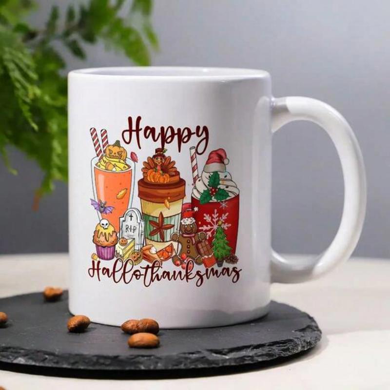 Tailorly White Ceramic 11 oz Mug - Happy Hallothanksmas Festive Holiday Coffee Cups With Cream And Sweet Toppings Drinks