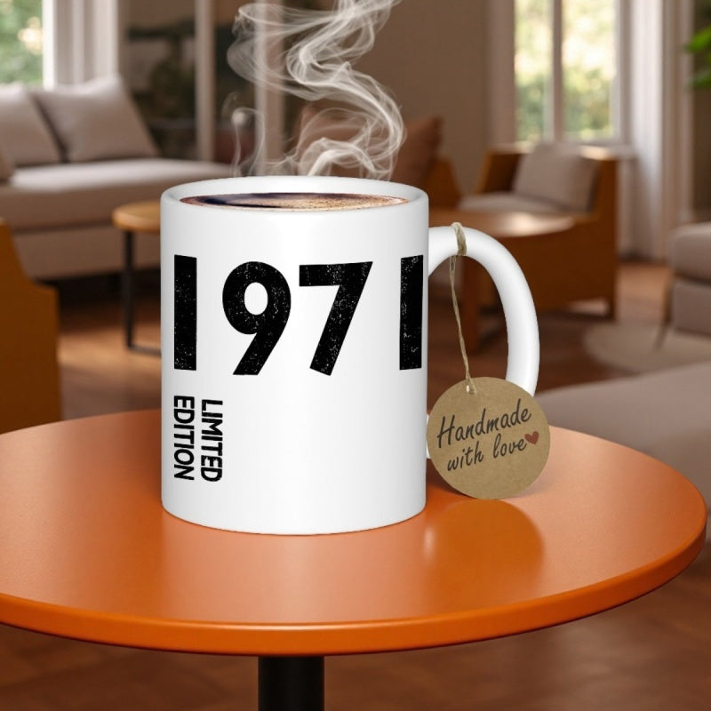Tailorly White Ceramic 11 oz Mug - 1971 Limited Edition Classic White Ceramic Cup Sitting Atop A Modern Orange Table Mug