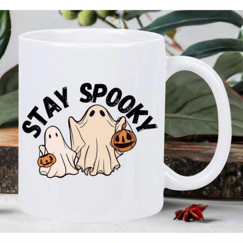 Tailorly White Ceramic 11 oz Mug - Stay Spooky Friendly Cartoon Phantoms Carrying Traditional Carved Halloween Pumpkin Buckets Ghost
