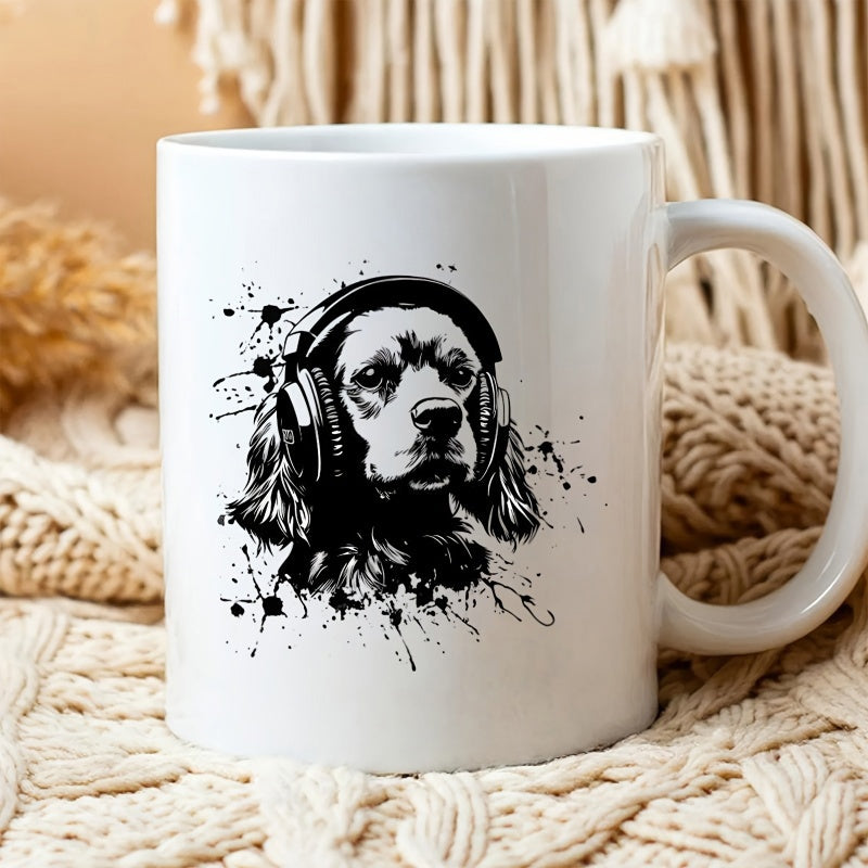 Tailorly White Ceramic 11 oz Mug - Artistic Ink Splatter Design Featuring A Cool Canine Wearing Modern Headphones Dog