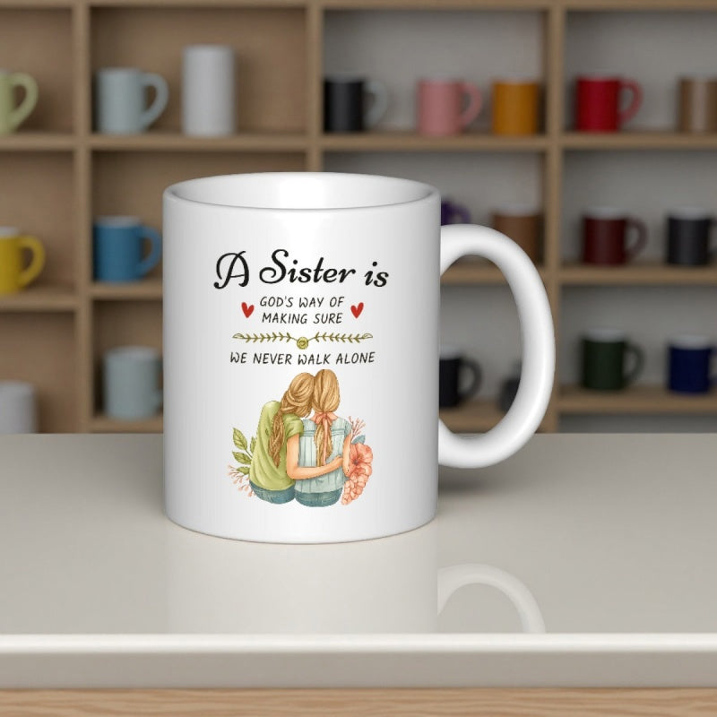 Tailorly White Ceramic 11 oz Mug - A Sister Is Gods Way Of Making Sure We Never Walk Alone Two Loving Girls Hugging Together Among Soft Flowers And Floating Hearts