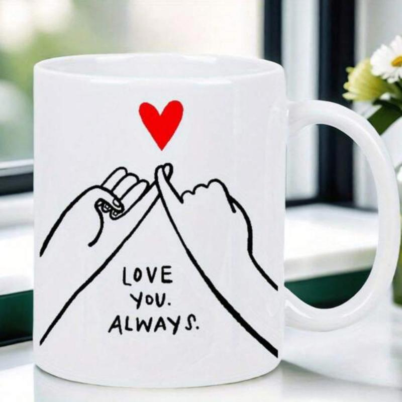 Tailorly White Ceramic 11 oz Mug - Love You Always Minimalist Black Line Art Sketching Hands Making A Pinky Promise Small Red Heart