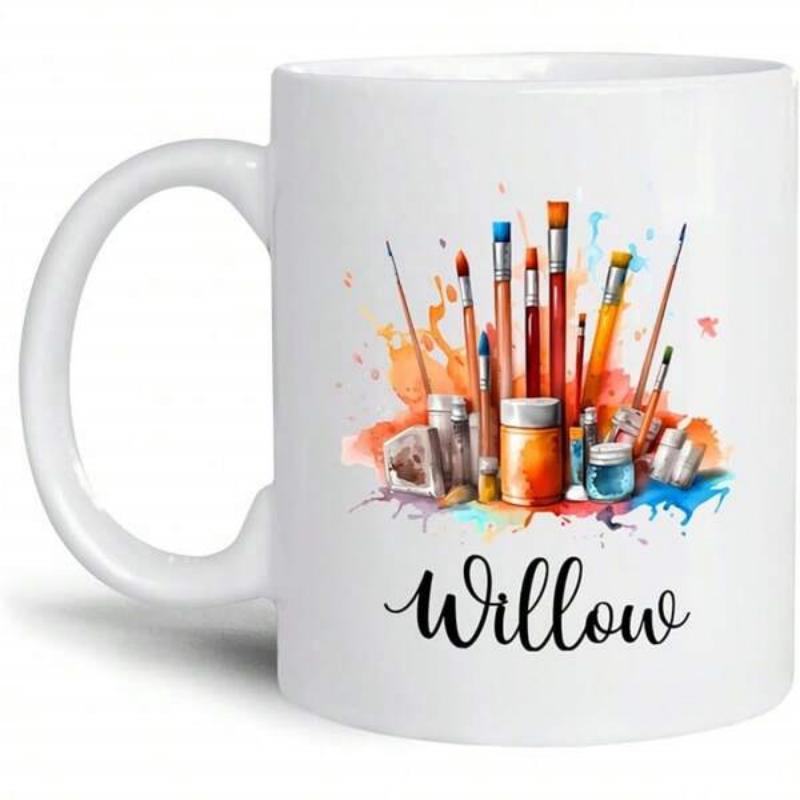 Tailorly White Ceramic 11 oz Mug - Willow Colorful Artistic Watercolor Splashes Featuring Jars And Professional Fine Brushes Paintbrush