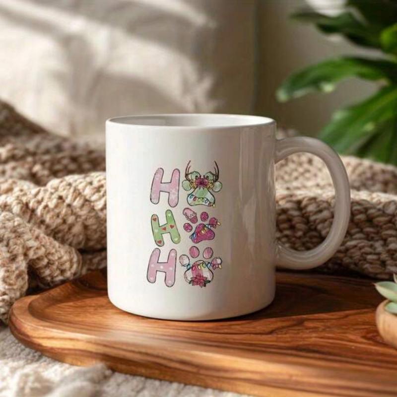 Tailorly White Ceramic 11 oz Mug - Ho Ho Ho Festive Highland Cow With Floral Wreath And Pink Pet Paw Print Elements Cow