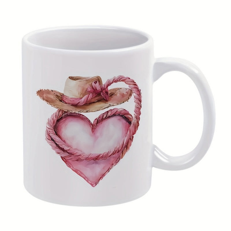 Tailorly White Ceramic 11 oz Mug - Rustic Pink Heart Wrapped In Lasso Beneath A Classic Cowgirl Hat Heart