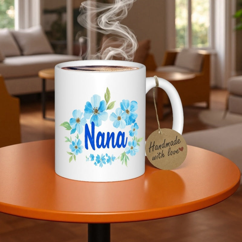 Tailorly White Ceramic 11 oz Mug - Nana Beautiful Blue Watercolor Petals Among Green Leaves In Circular Arrangement Flower