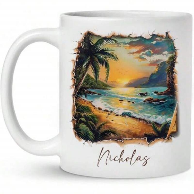 Tailorly White Ceramic 11 oz Mug - Nicholas Tropical Beach With Golden Sunset Behind Palm Tree Glowing Sky Landscape