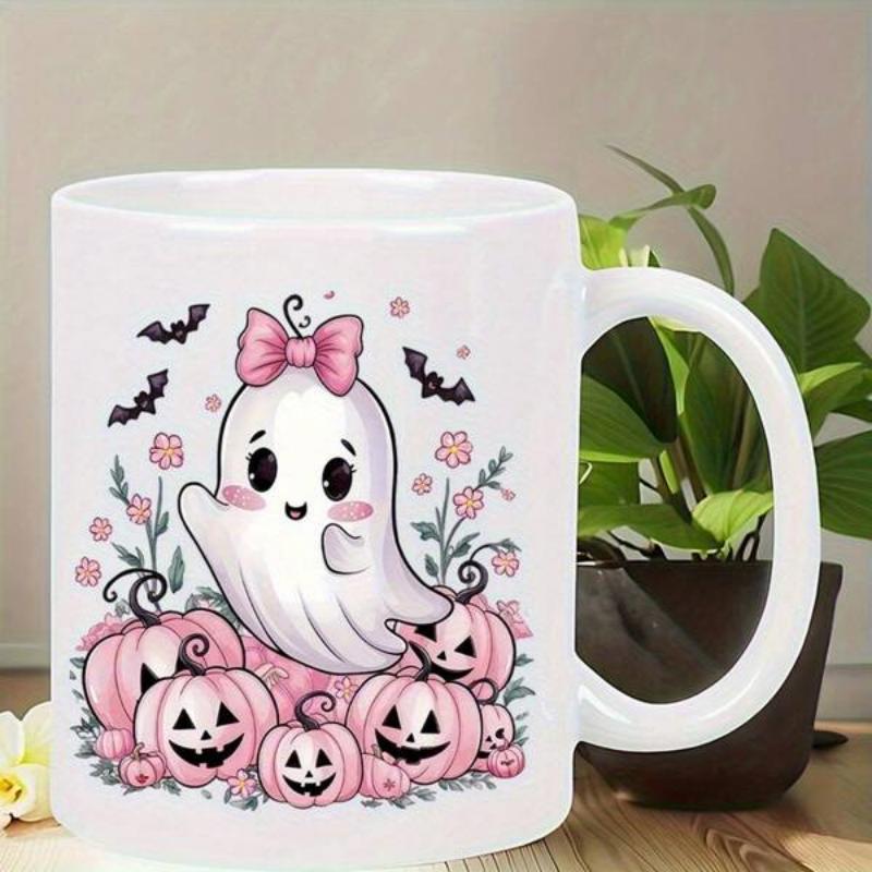 Tailorly White Ceramic 11 oz Mug - Cute Halloween Wearing Pink Bow Among Pastel Jack O Lantern Ghost