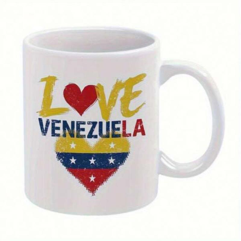 Tailorly White Ceramic 11 oz Mug - Love Venezuela Patriotic Flag Colors With Artistic Brush Strokes And Decorative Stars Heart