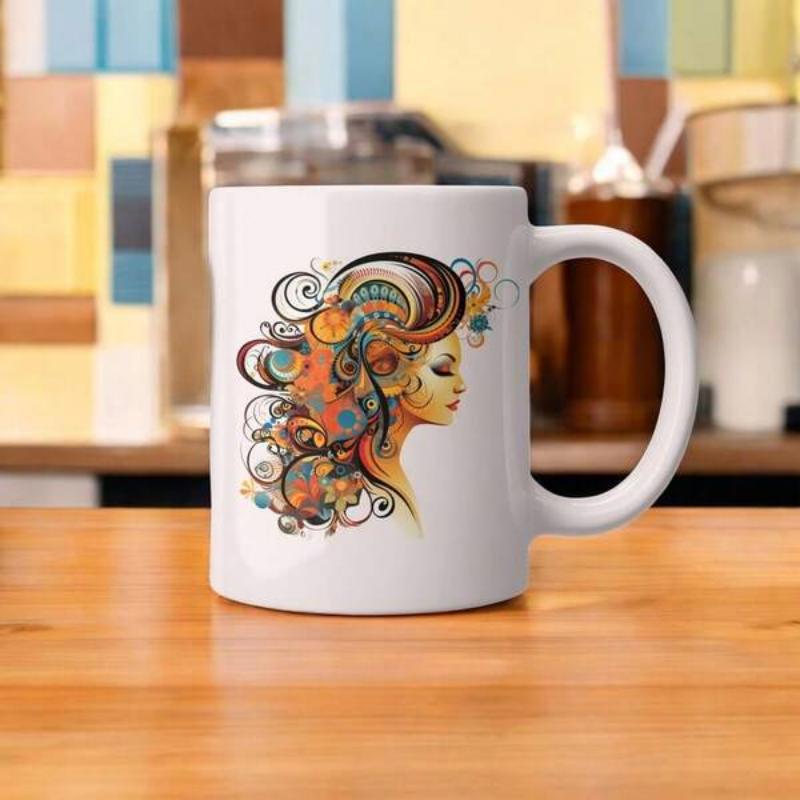 Tailorly White Ceramic 11 oz Mug - Vibrant Colorful Abstract Swirls Decorating A Graceful Profile Of A Mysterious Woman
