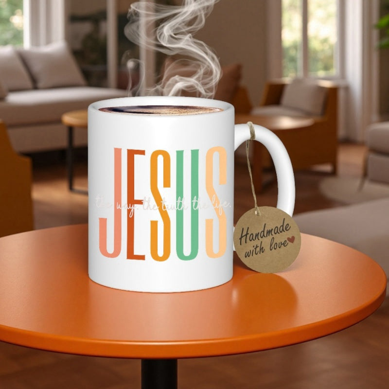 Tailorly White Ceramic 11 oz Mug - Jesus Elegant Ceramic Mug With Colorful Retro Block Lettering And Rising Steam Mug