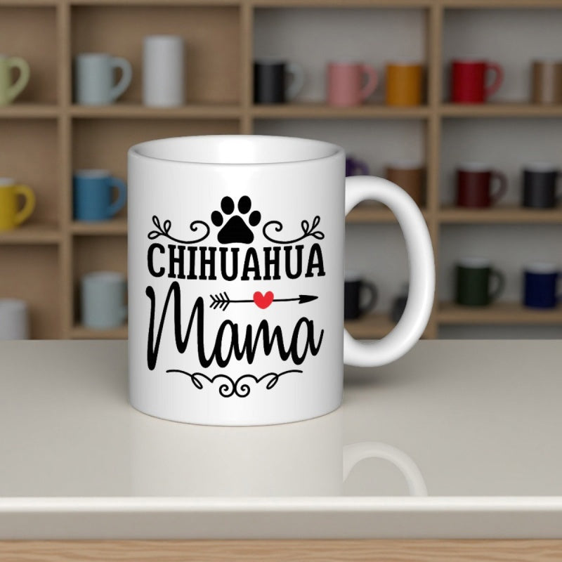 Tailorly White Ceramic 11 oz Mug - Chihuahua Mama Minimalist Black Paw Print Decorative Swirls With Red Heart Arrow Chihuahua