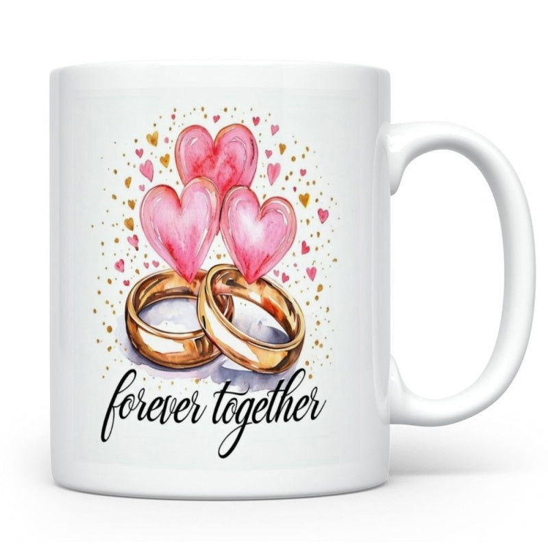 Tailorly White Ceramic 11 oz Mug - Forever Together Pink Watercolor Hearts Floating Gracefully Above Intertwined Golden Metallic Rings