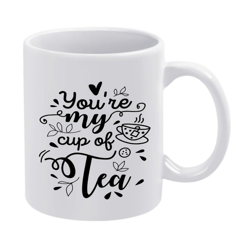Tailorly White Ceramic 11 oz Mug - Youre My Cup Of Tea Elegant Hand Drawn Teacup With Decorative Leaves And Heart Illustration Mug