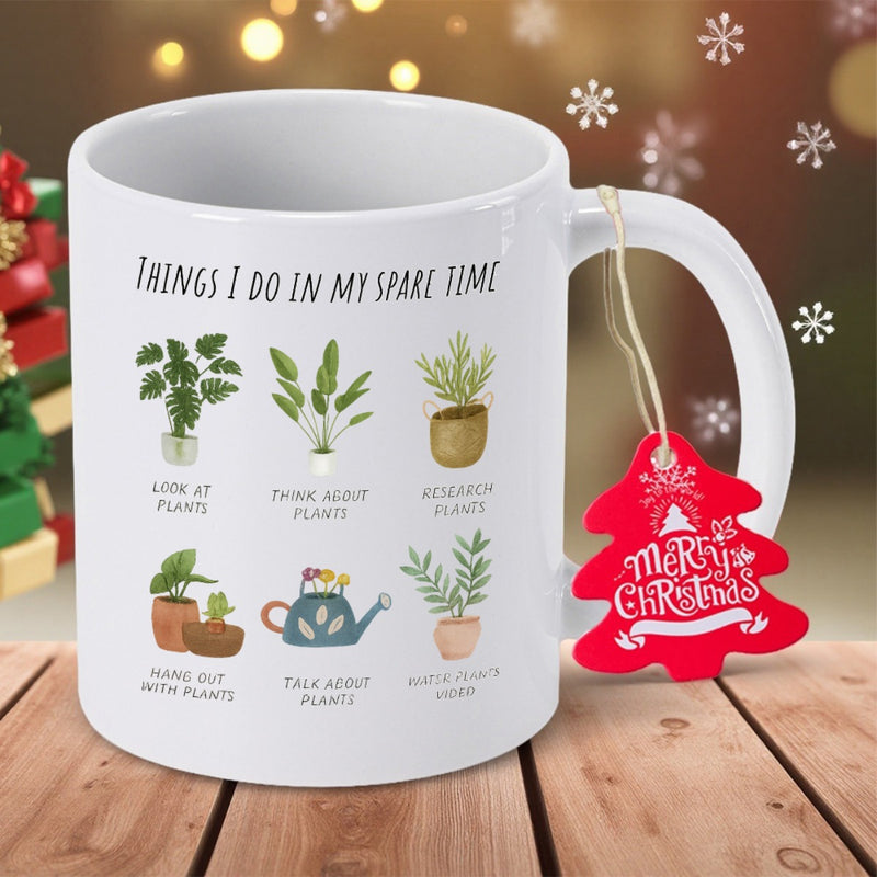 Tailorly White Ceramic 11 oz Mug - Things I Do In My Spare Time Lush Green Potted Plants And Gardening Tools Set Among Minimalist White Background Plant