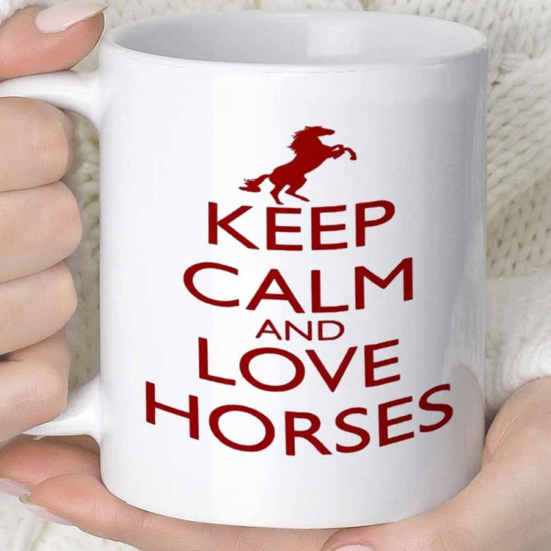 Tailorly White Ceramic 11 oz Mug - Keep Calm And Love Horses Powerful Galloping Stallion Rearing High Against A Plain Minimalist Background Horse