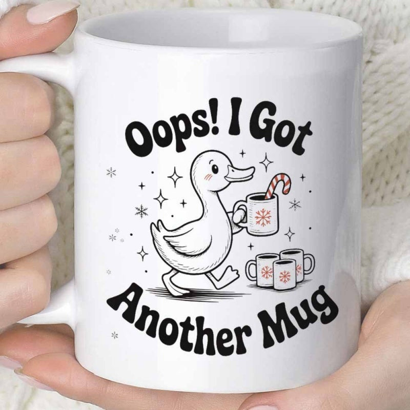 Tailorly White Ceramic 11 oz Mug - Oops I Got Another Mug Cute White Duck Holding Festive Mug With Candy Cane And Sparkles Duck