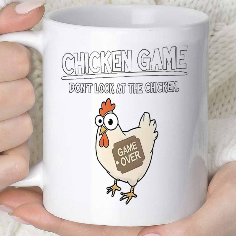 Tailorly White Ceramic 11 oz Mug - Chicken Game Don't Look At The Chicken Game Over Funny Staring Cartoon Bird With Red Comb And Brown Sign Chicken