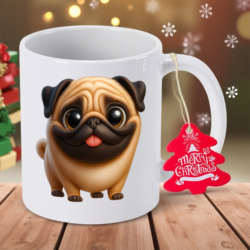 Tailorly White Ceramic 11 oz Mug - Merry Christmas Adorable Cartoon Dog With Big Eyes And Cute Smile Standing Pug