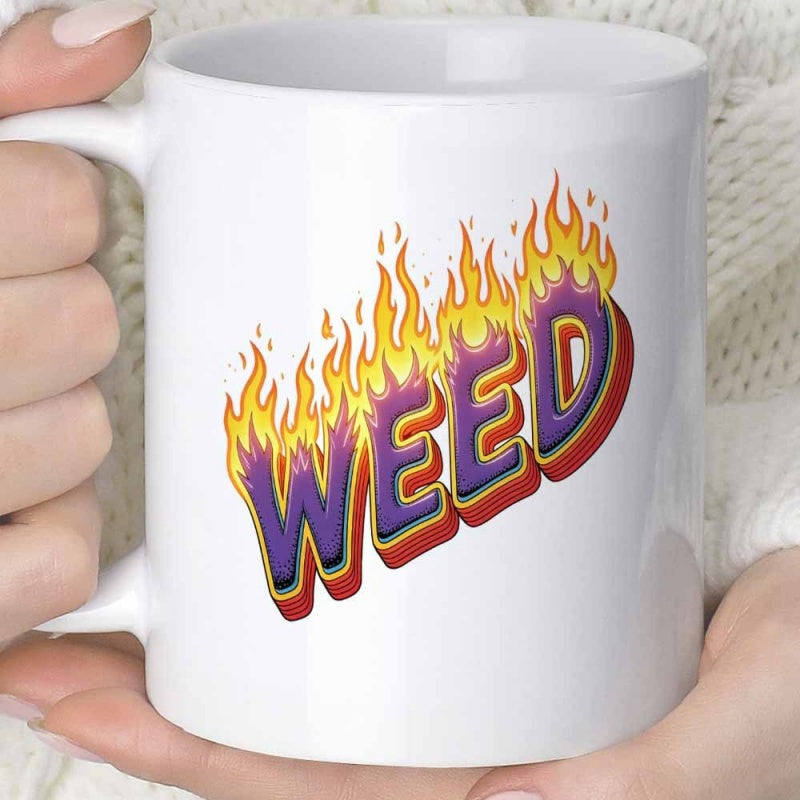 Tailorly White Ceramic 11 oz Mug - Weed Stylized Purple Three Dimensional Letters With Burning Bright Orange And Yellow Fire Flame