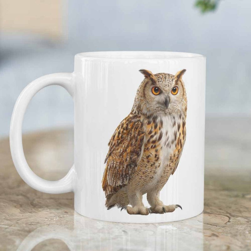 Tailorly White Ceramic 11 oz Mug - Majestic Wild Bird With Sharp Eyes And Detailed Brown Patterned Feathers Owl