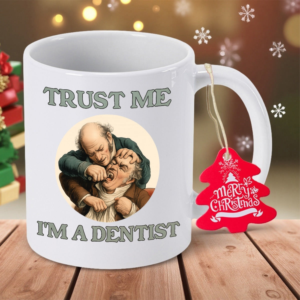 Tailorly White Ceramic 11 oz Mug - Trust Me Im A Dentist Vintage Classical Illustration Of A Traditional Practitioner Pulling A Tooth From Patient Mug