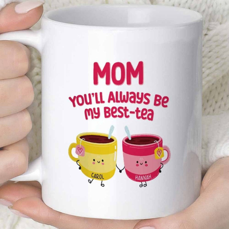 Tailorly White Ceramic 11 oz Mug - Mom Youll Always Be My Best Tea Carol Hannah Two Cute Smiling Colorful Cartoon Cups Holding Tiny Little Hands Teacup