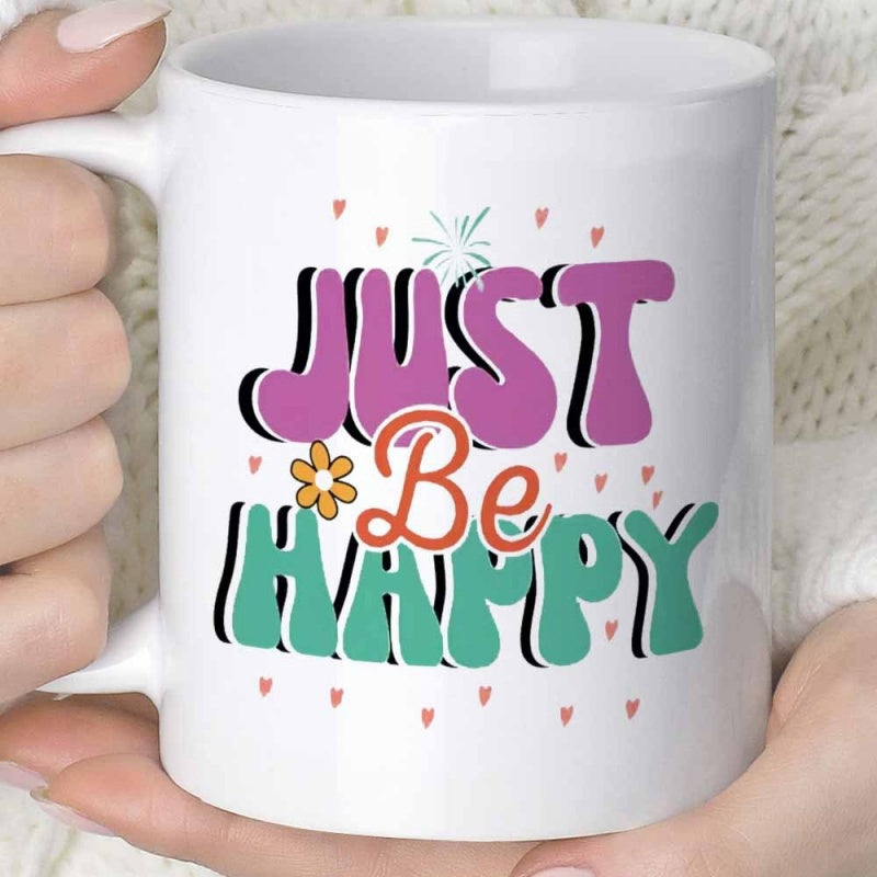 Tailorly White Ceramic 11 oz Mug - Just Be Happy Colorful Retro Groovy Lettering With Small Flower And Scattered Hearts Sign